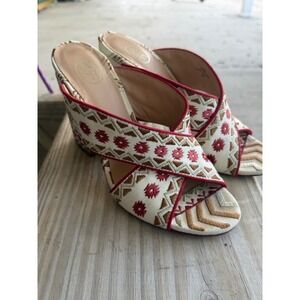 Ash Adel Embroidered Block Heel Mules Cream Red Boho Peep Toe Sandals Size 39